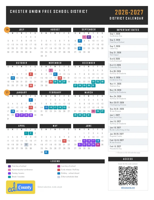 Chester Union Free School District printable 2026-27 calendar