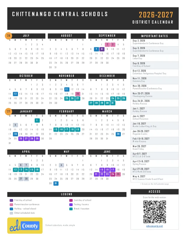 Chittenango Central Schools printable 2026-27 calendar