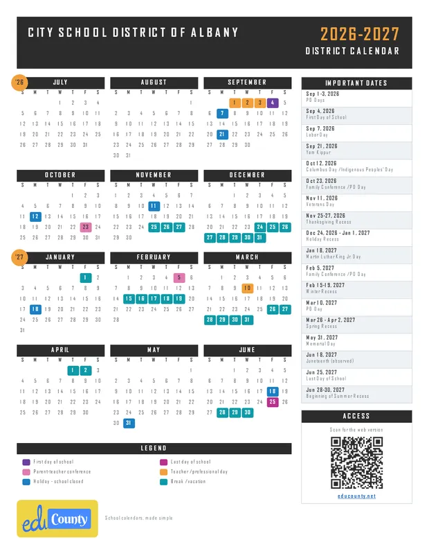 City School District of Albany printable 2026-27 calendar