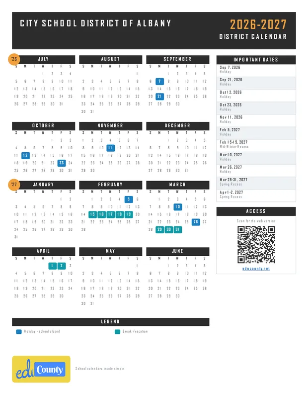 City School District of Albany printable 2026-27 calendar