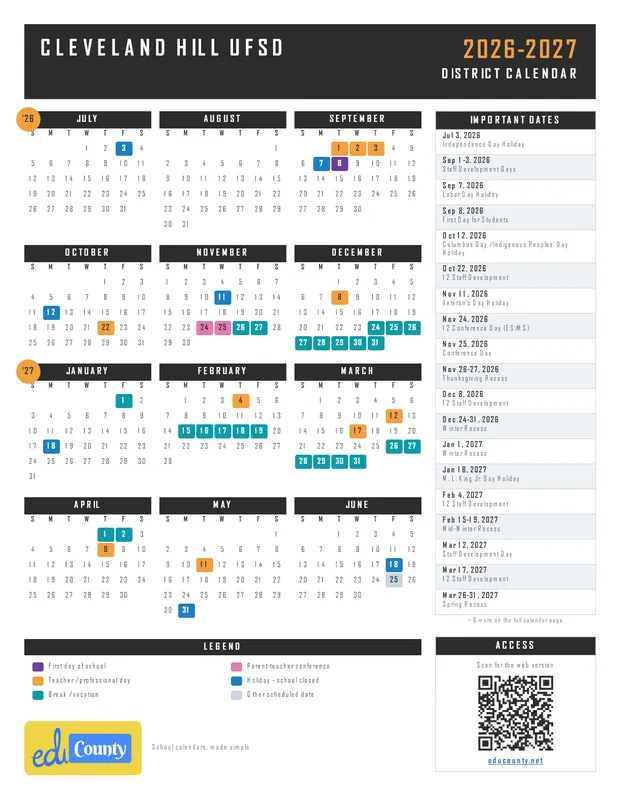 Cleveland Hill UFSD printable 2026-27 calendar