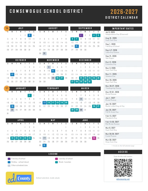 Comsewogue School District printable 2026-27 calendar