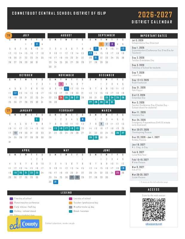 Connetquot Central School District of Islip printable 2026-27 calendar