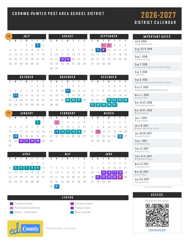 Corning-Painted Post Area School District printable 2026-27 calendar