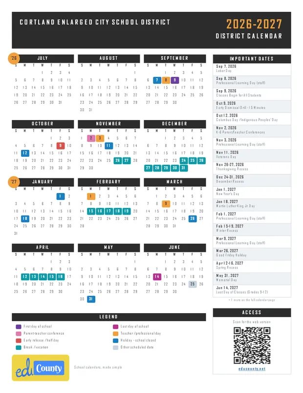 Cortland Enlarged City School District printable 2026-27 calendar
