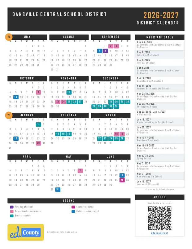 Dansville Central School District printable 2026-27 calendar