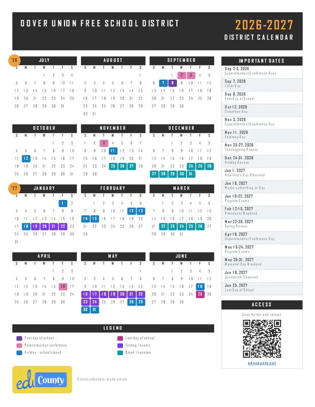 Dover Union Free School District printable 2026-27 calendar
