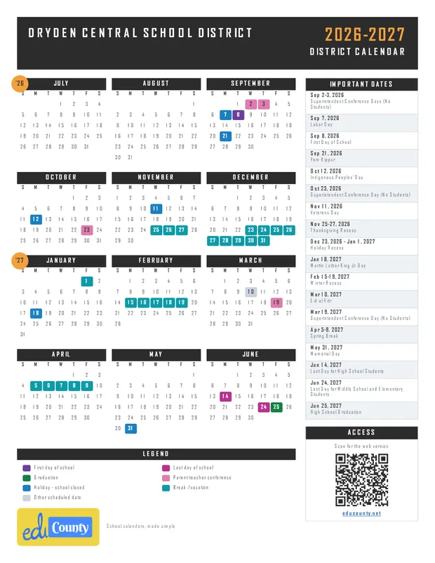 Dryden Central School District printable 2026-27 calendar