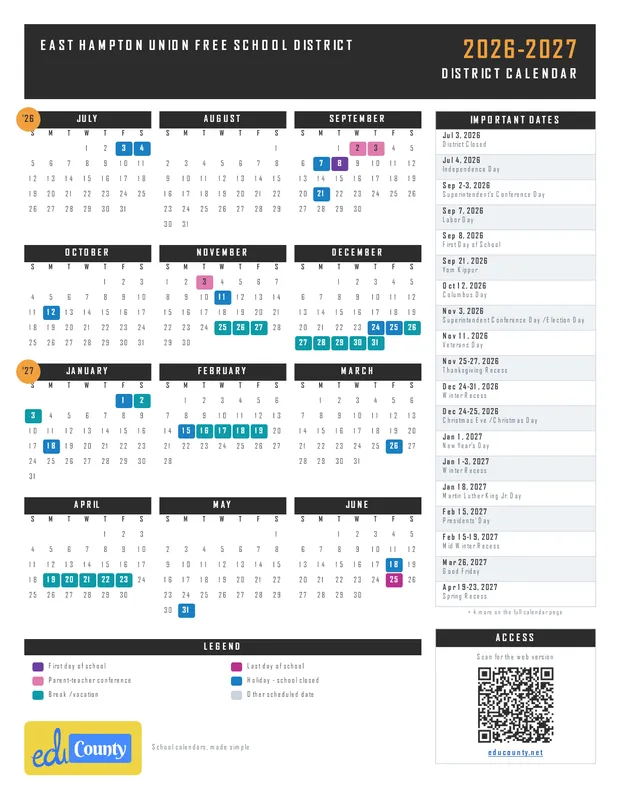 East Hampton Union Free School District printable 2026-27 calendar