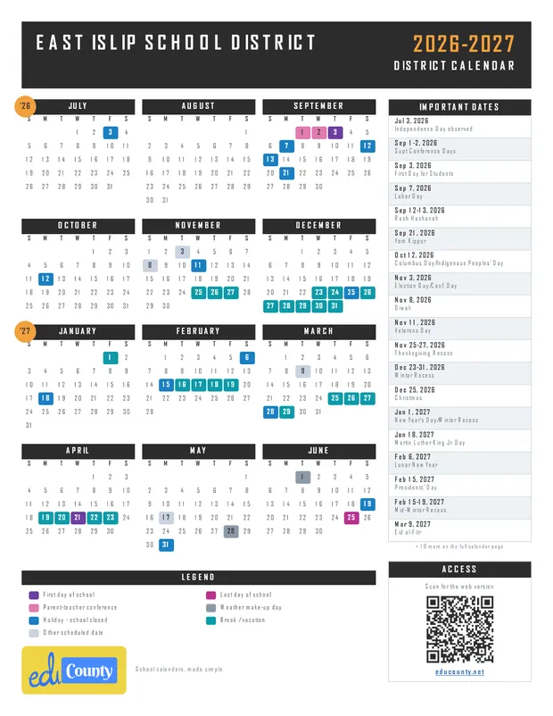 East Islip School District printable 2026-27 calendar