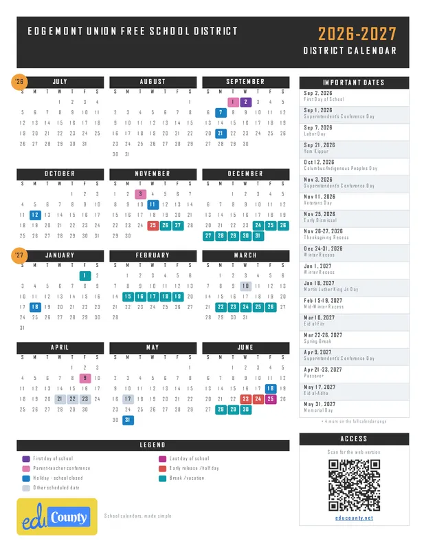 Edgemont Union Free School District printable 2026-27 calendar