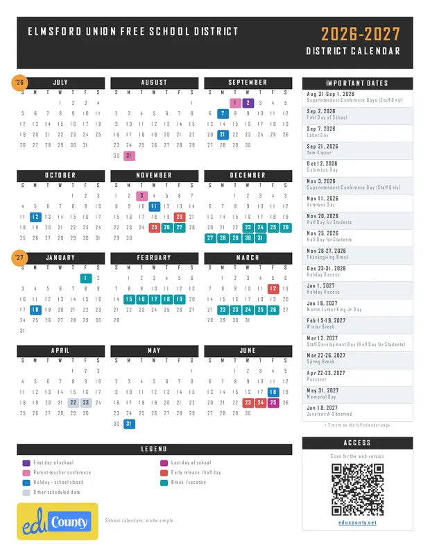 Elmsford Union Free School District printable 2026-27 calendar