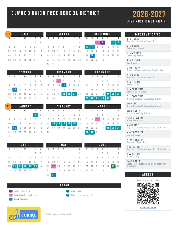 Elwood Union Free School District printable 2026-27 calendar
