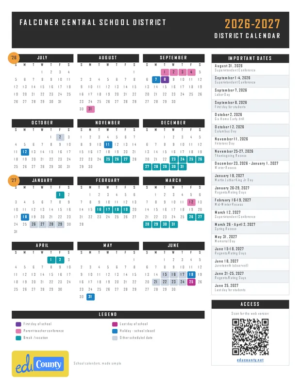 Falconer Central School District printable 2026-27 calendar