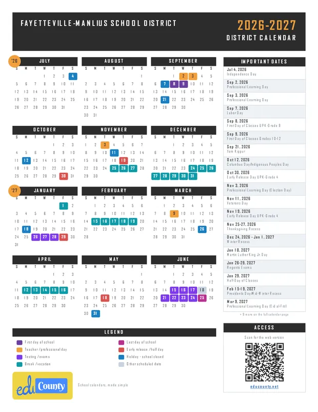 Fayetteville-Manlius School District printable 2026-27 calendar