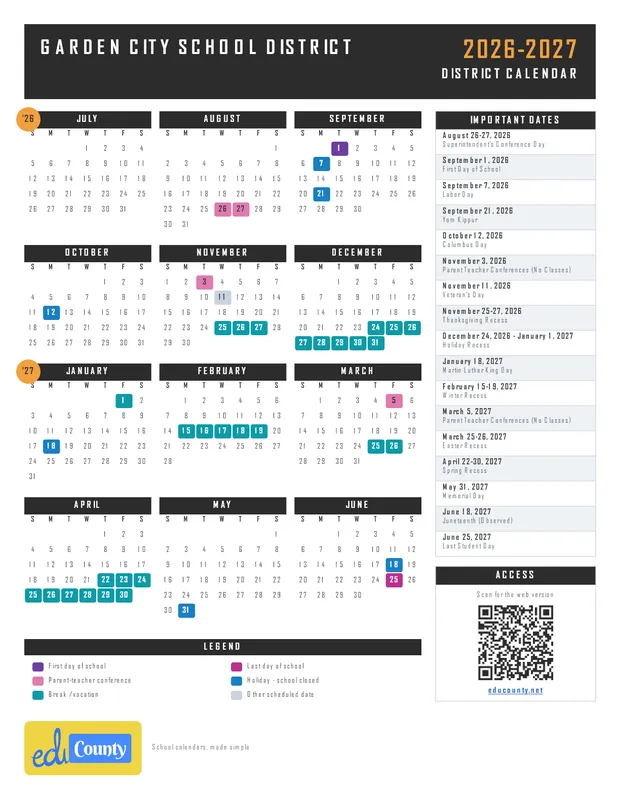 Garden City School District printable 2026-27 calendar