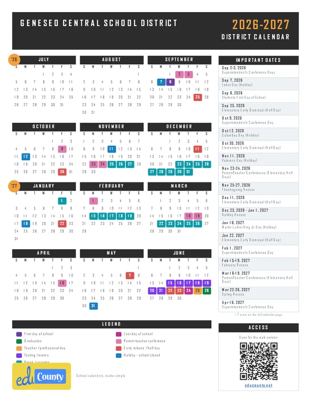 Geneseo Central School District printable 2026-27 calendar