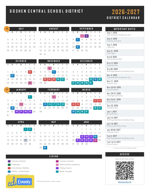 Goshen Central School District printable 2026-27 calendar