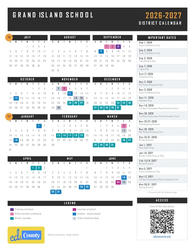 GRAND ISLAND SCHOOL printable 2026-27 calendar