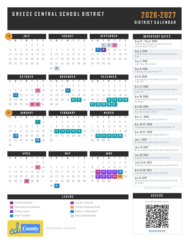Greece Central School District printable 2026-27 calendar