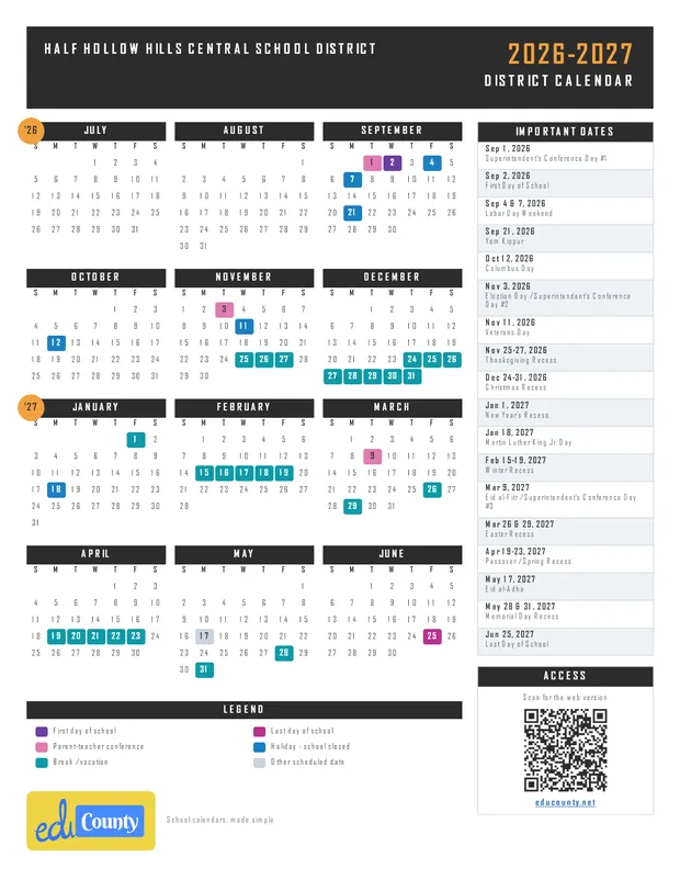 Half Hollow Hills Central School District printable 2026-27 calendar