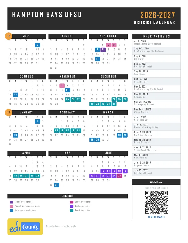 Hampton Bays UFSD printable 2026-27 calendar