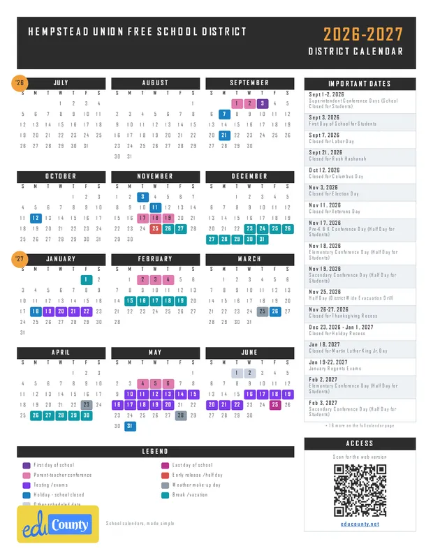 Hempstead Union Free School District printable 2026-27 calendar