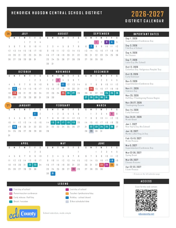 Hendrick Hudson Central School District printable 2026-27 calendar