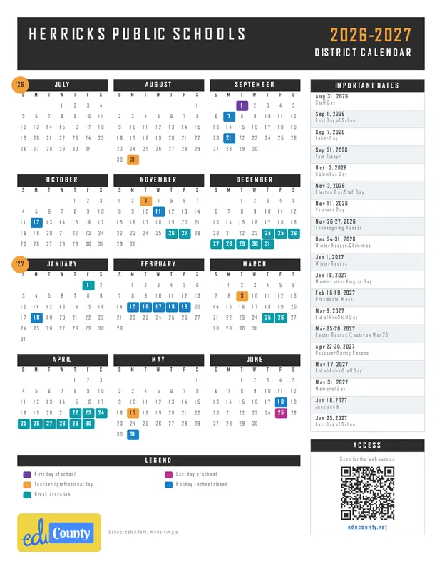 Herricks Public Schools printable 2026-27 calendar