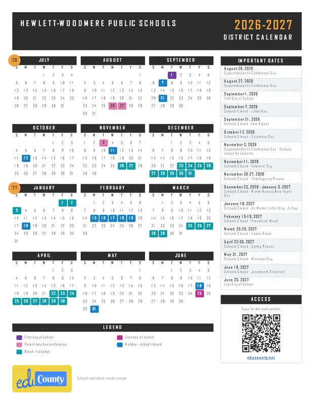 Hewlett-Woodmere Public Schools printable 2026-27 calendar