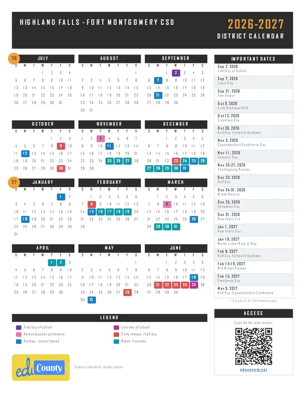 Highland Falls - Fort Montgomery CSD printable 2026-27 calendar