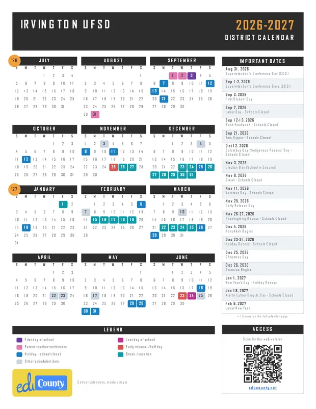 Irvington UFSD printable 2026-27 calendar