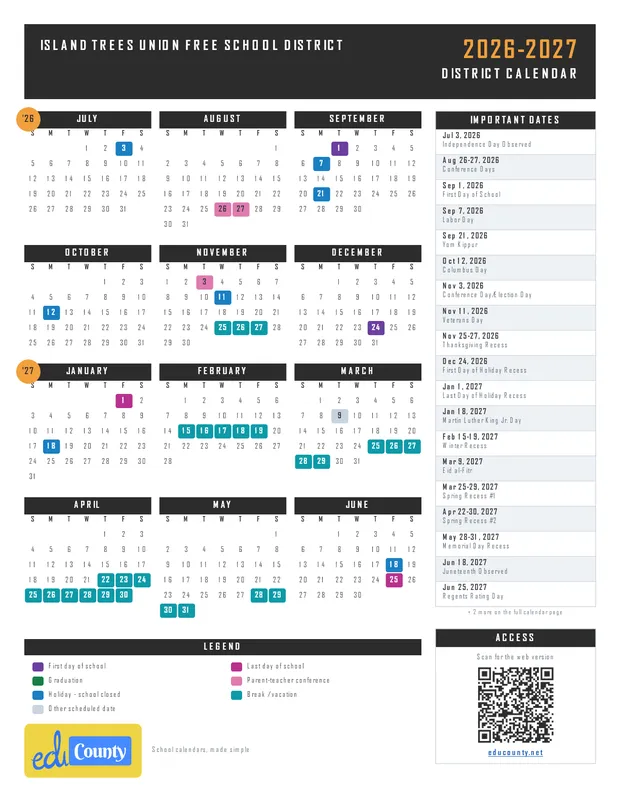 Island Trees Union Free School District printable 2026-27 calendar