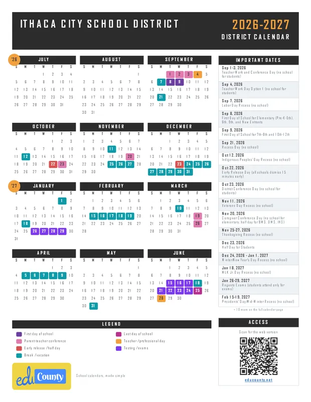 Ithaca City School District printable 2026-27 calendar
