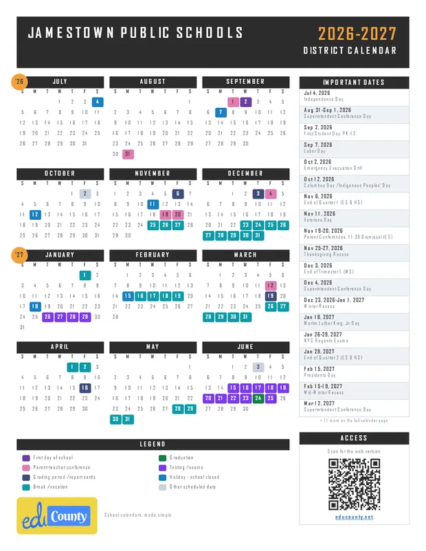 Jamestown Public Schools printable 2026-27 calendar