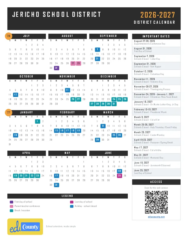 Jericho School District printable 2026-27 calendar