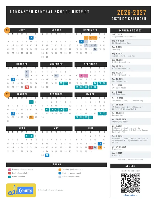 Lancaster Central School District printable 2026-27 calendar