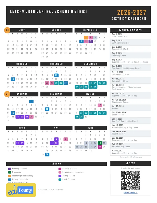Letchworth Central School District printable 2026-27 calendar