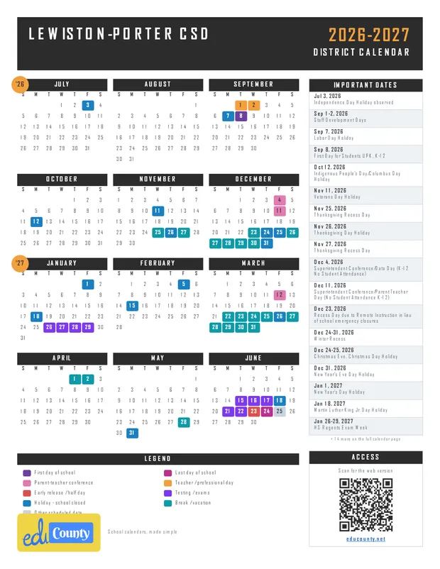 Lewiston-Porter CSD printable 2026-27 calendar