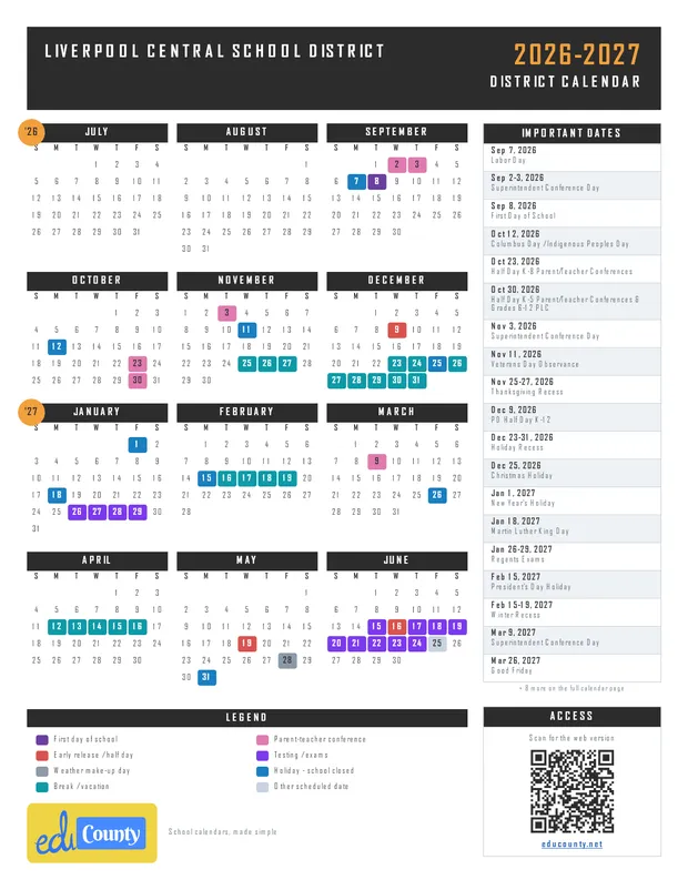 Liverpool Central School District printable 2026-27 calendar