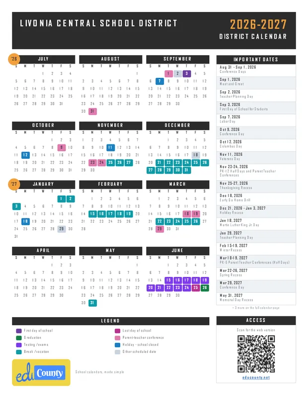 Livonia Central School District printable 2026-27 calendar