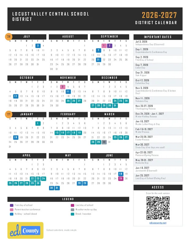 Locust Valley Central School District printable 2026-27 calendar