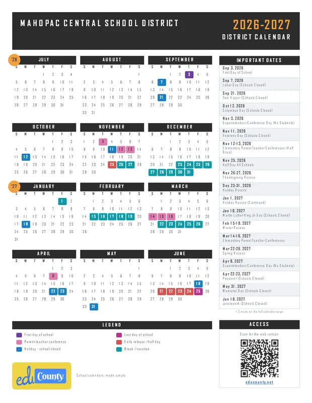 Mahopac Central School District printable 2026-27 calendar