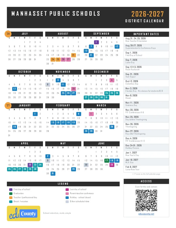 Manhasset Public Schools printable 2026-27 calendar