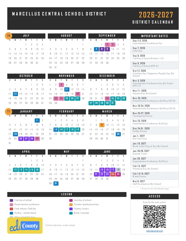Marcellus Central School District printable 2026-27 calendar
