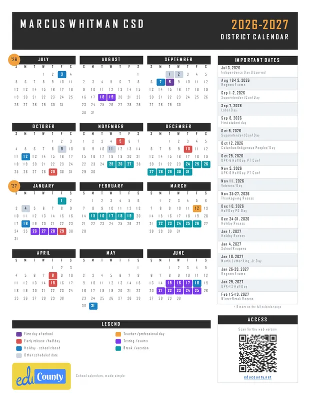 Marcus Whitman CSD printable 2026-27 calendar