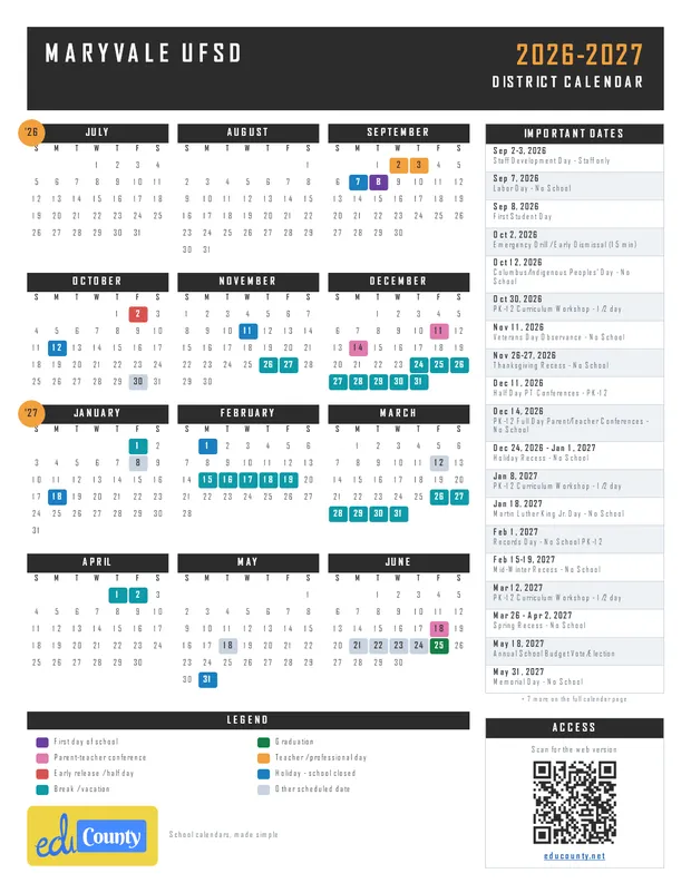 Maryvale UFSD printable 2026-27 calendar