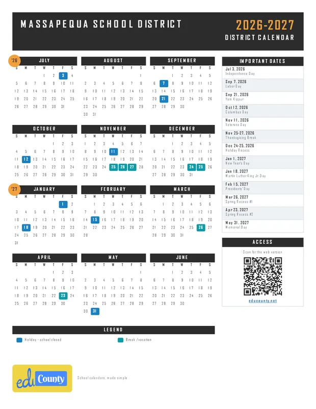 Massapequa School District printable 2026-27 calendar
