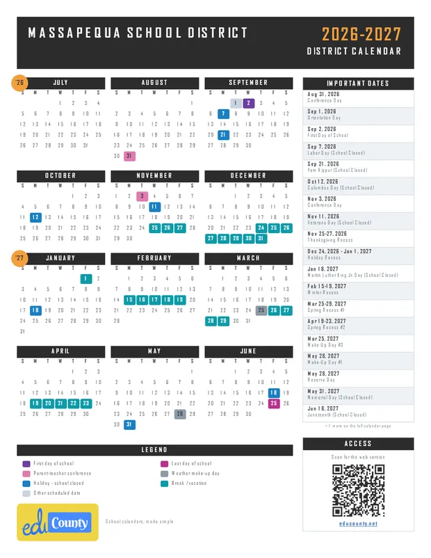 Massapequa School District printable 2026-27 calendar