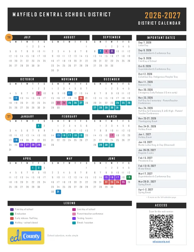 Mayfield Central School District printable 2026-27 calendar